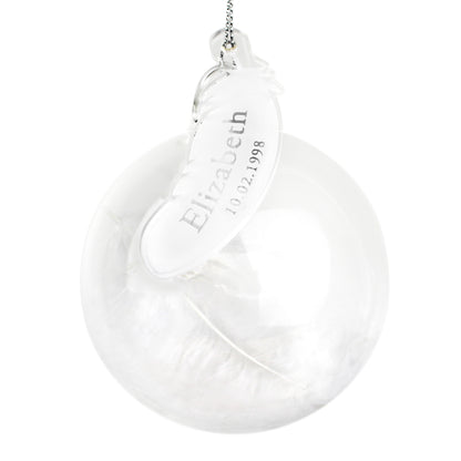 Personalised Name & Date Feather Glass Bauble