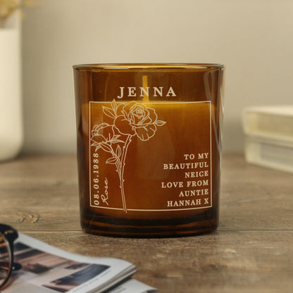 Personalised June Birth Flower Amber Glass Candle