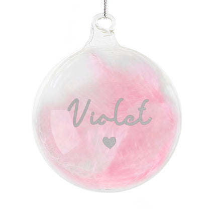 Personalised Pink Feather Silver Heart Glass Bauble