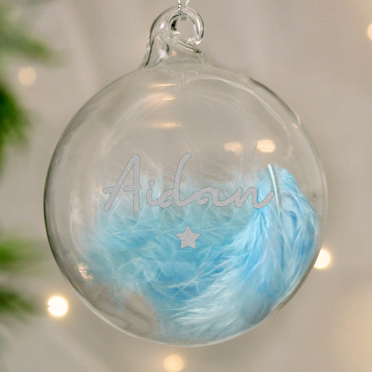 Personalised Blue Feather Silver Star Glass Bauble
