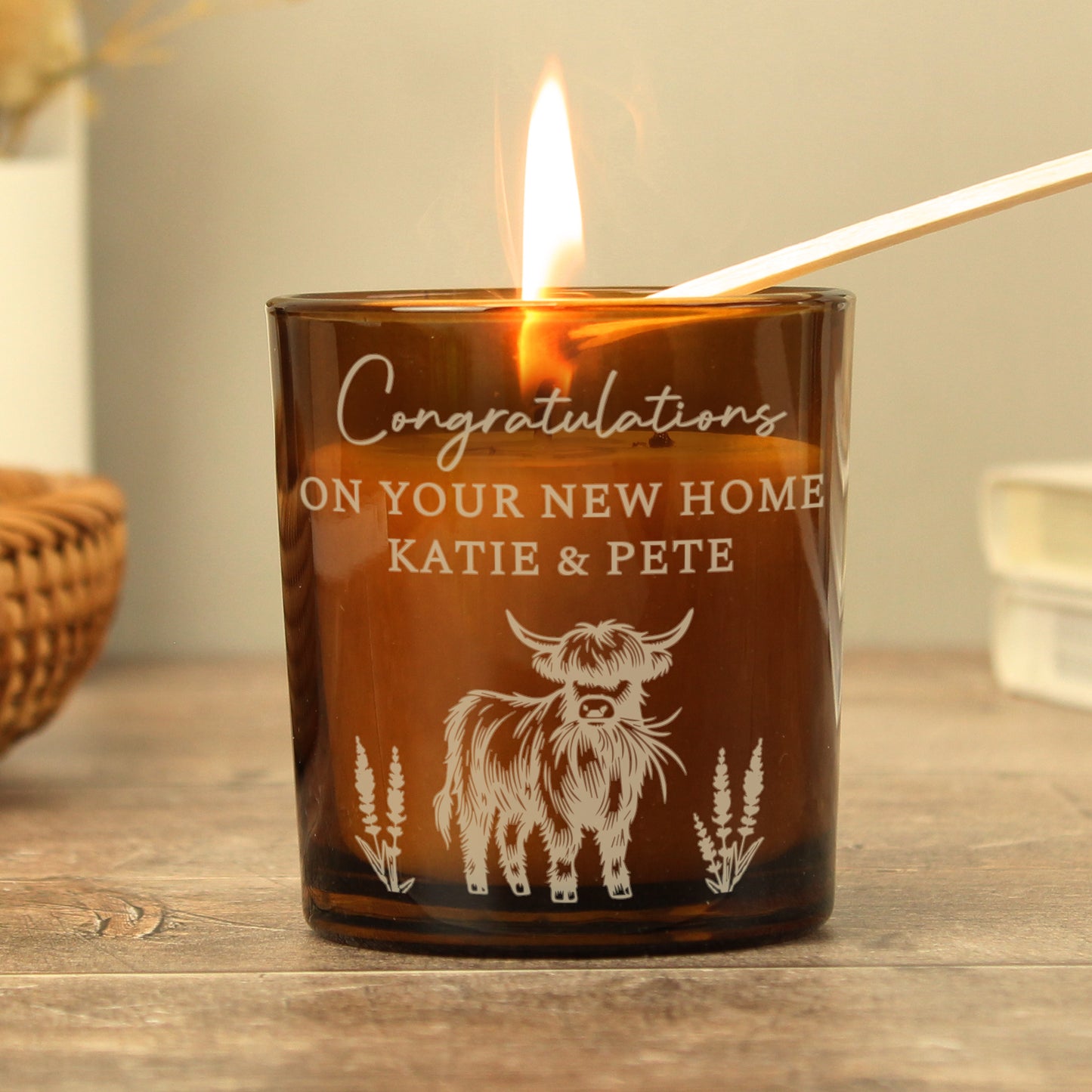Personalised Engraved Highland Cow Amber Glass Candle