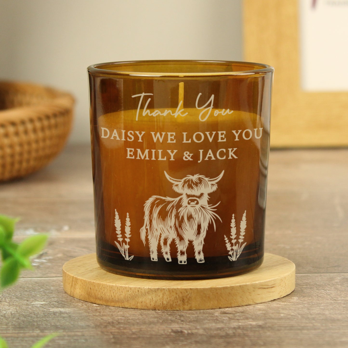 Personalised Engraved Highland Cow Amber Glass Candle