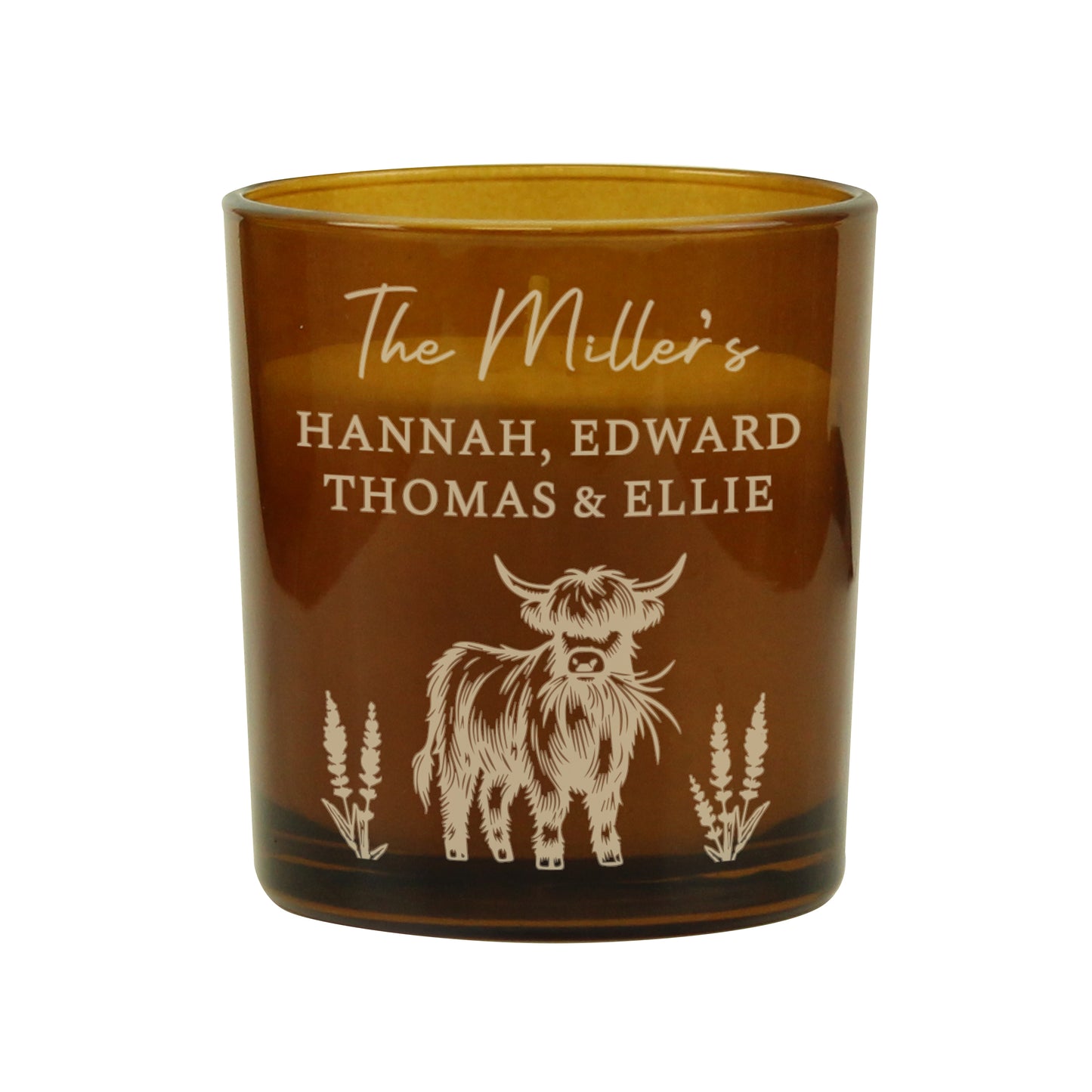 Personalised Engraved Highland Cow Amber Glass Candle