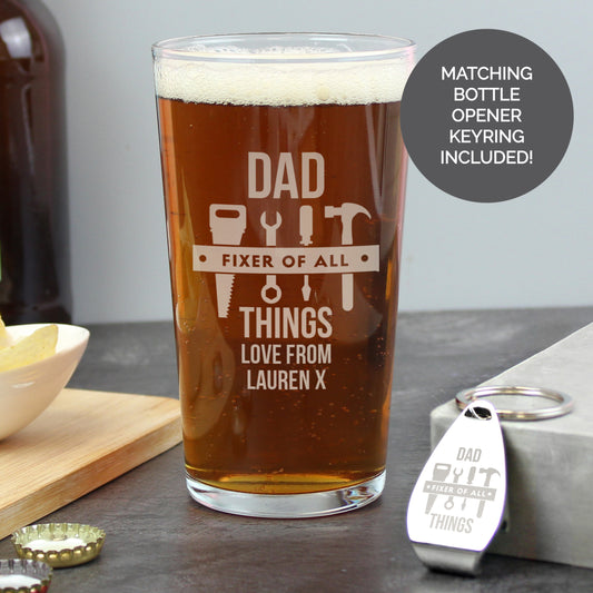 Personalised Fixer of All Things Pint Glass & Bottle Opener