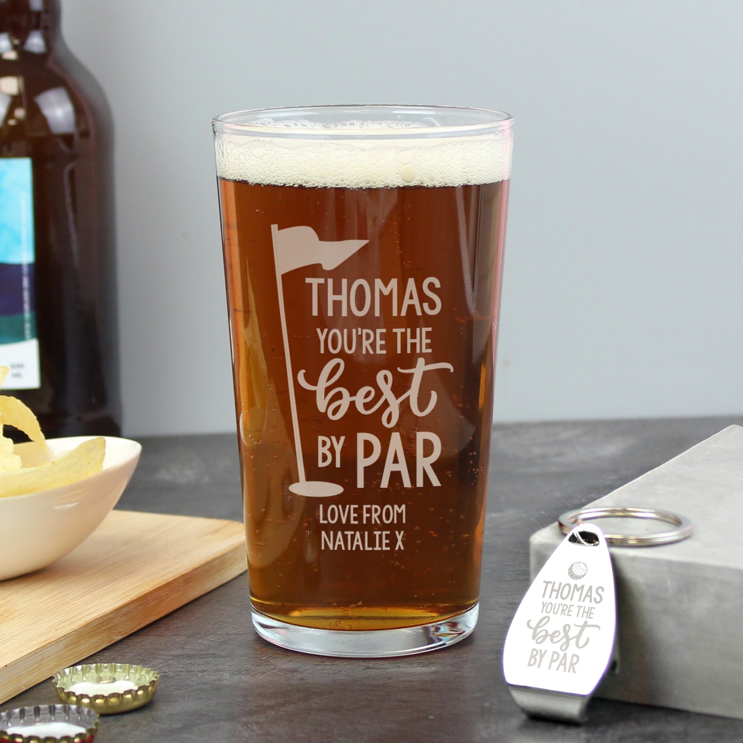 Personalised Best By Par Pint Glass & Bottle Opener
