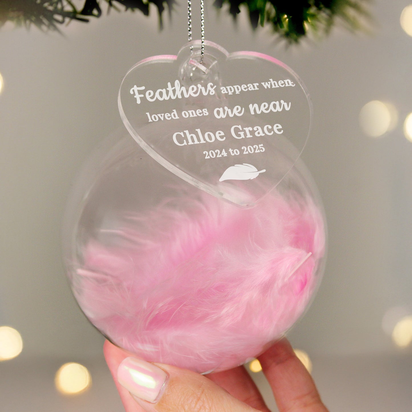 Personalised Pink Memorial Feather Bauble