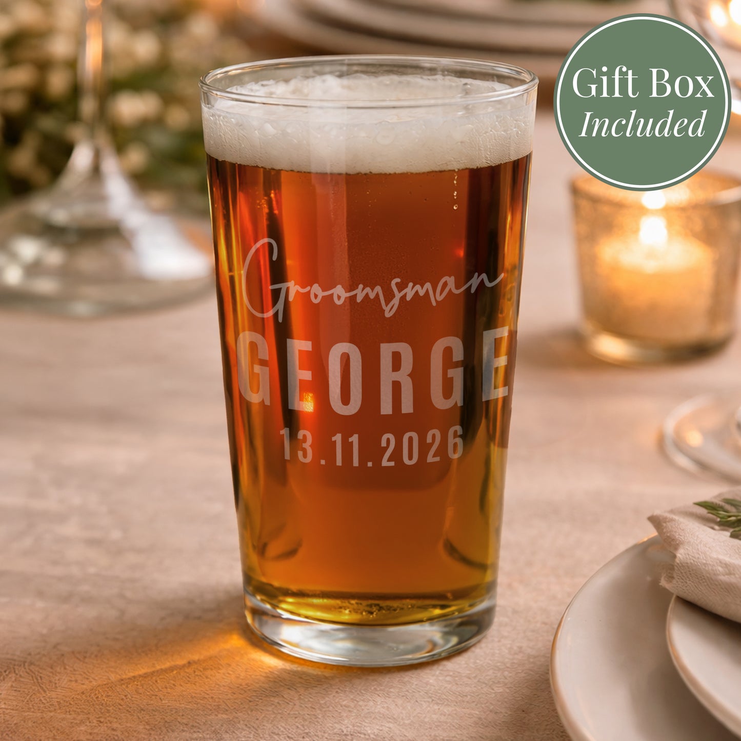 Personalised Groomsman Elegant Pint Glass