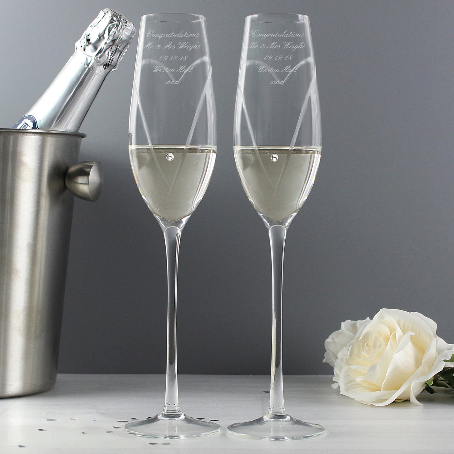Personalised Hand Cut Heart Pair of Flutes with Gift Box