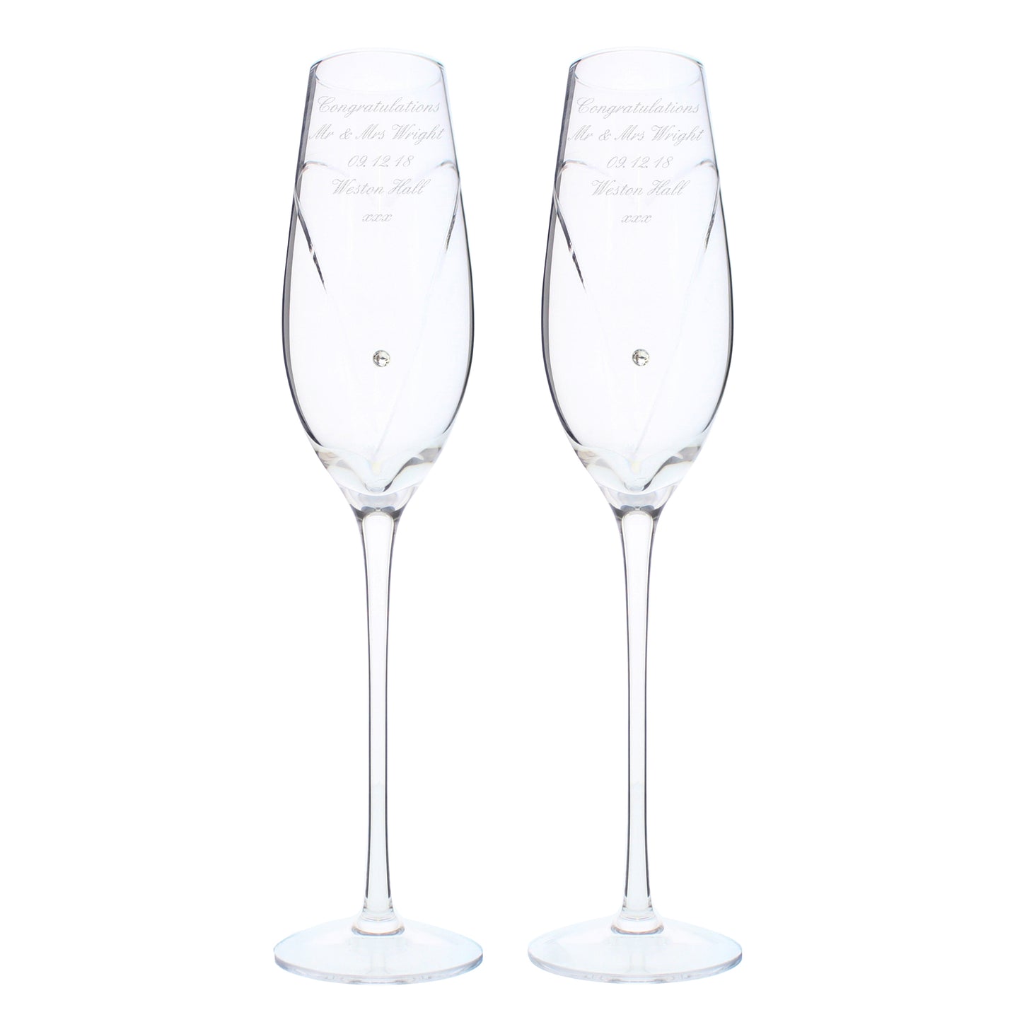 Personalised Hand Cut Heart Pair of Flutes with Gift Box