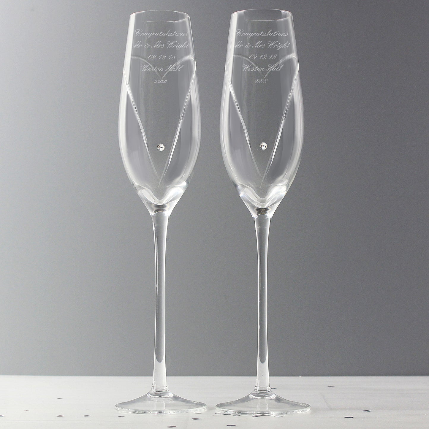 Personalised Hand Cut Heart Pair of Flutes with Gift Box