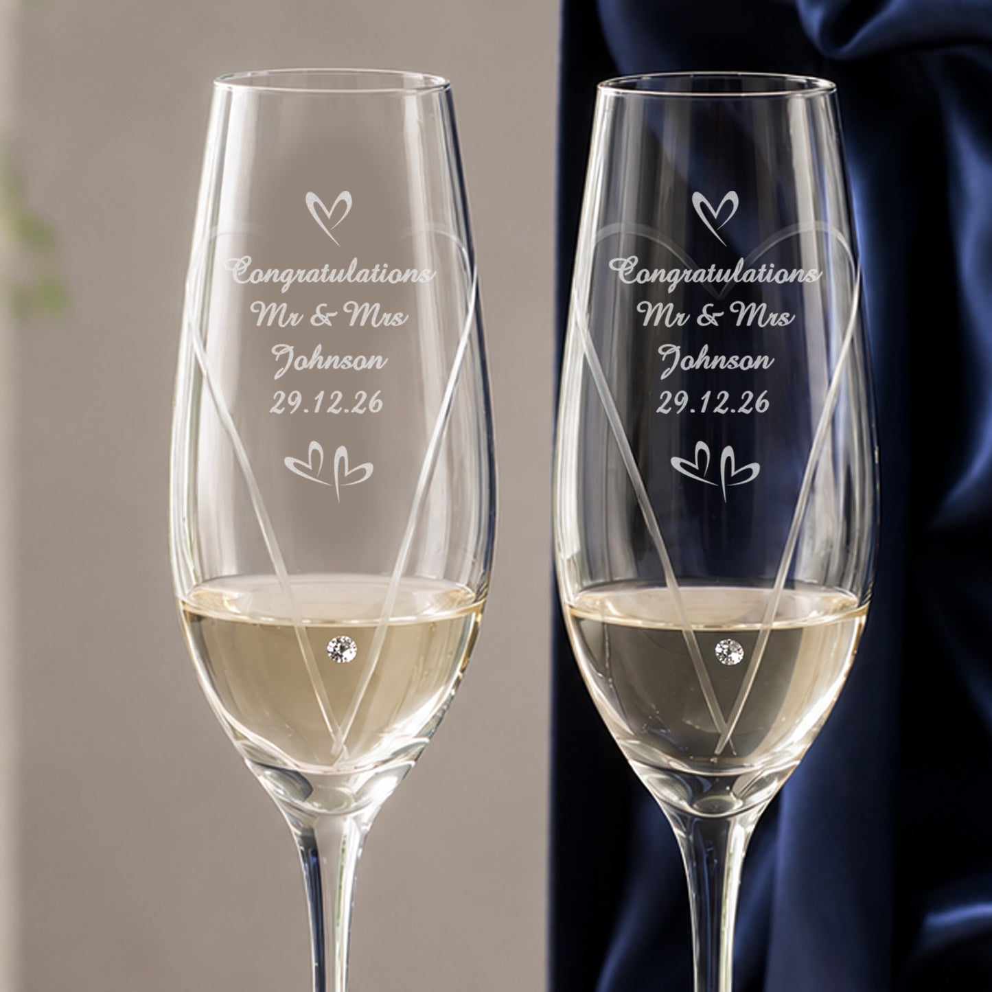 Personalised Hand Cut Little Hearts Pair of Flutes with Gift Box