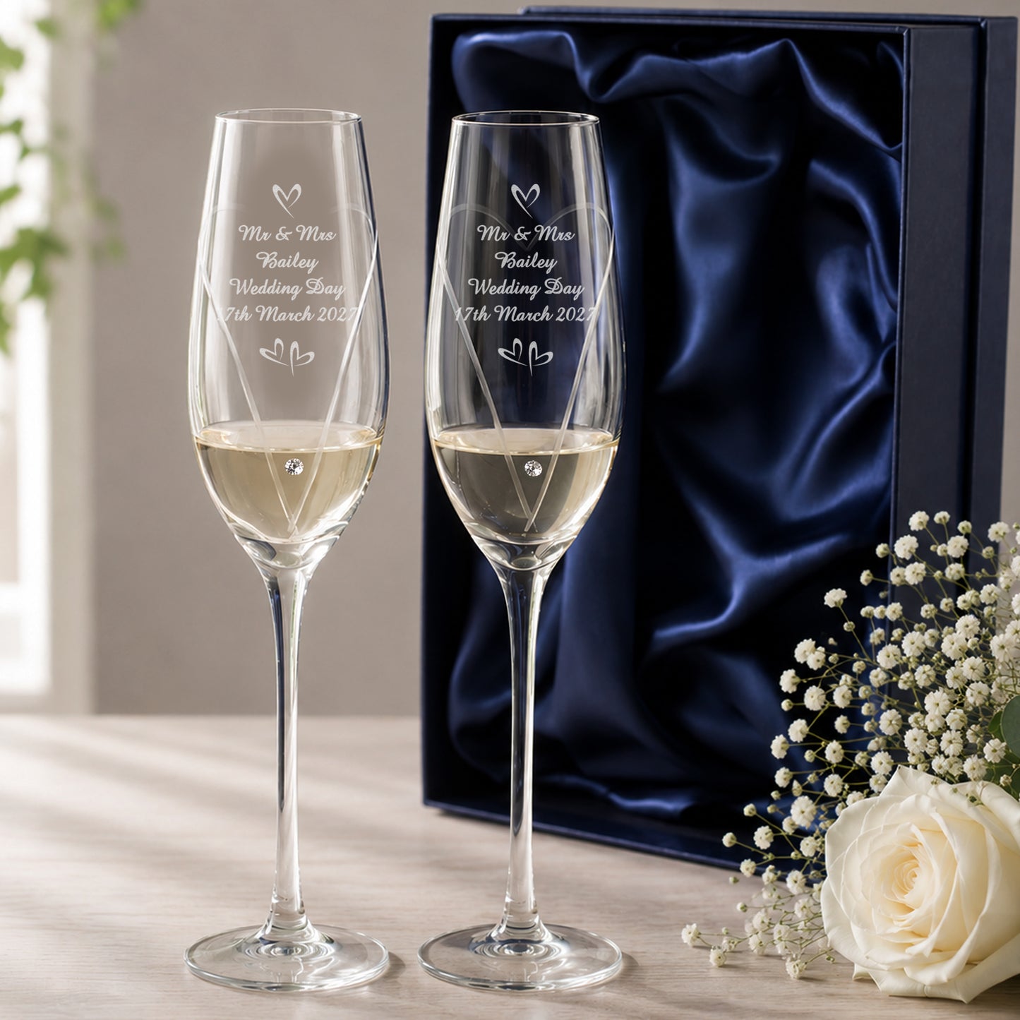 Personalised Hand Cut Little Hearts Pair of Flutes with Gift Box