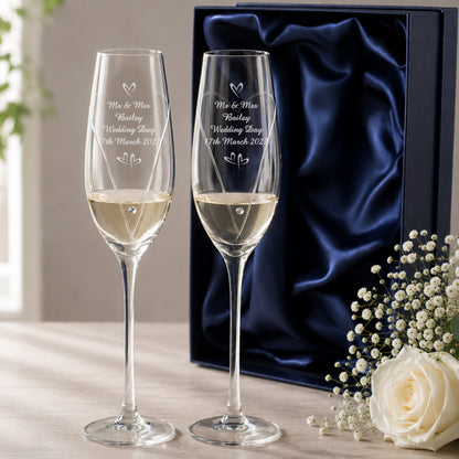 Personalised Hand Cut Little Hearts Pair of Flutes with Gift Box