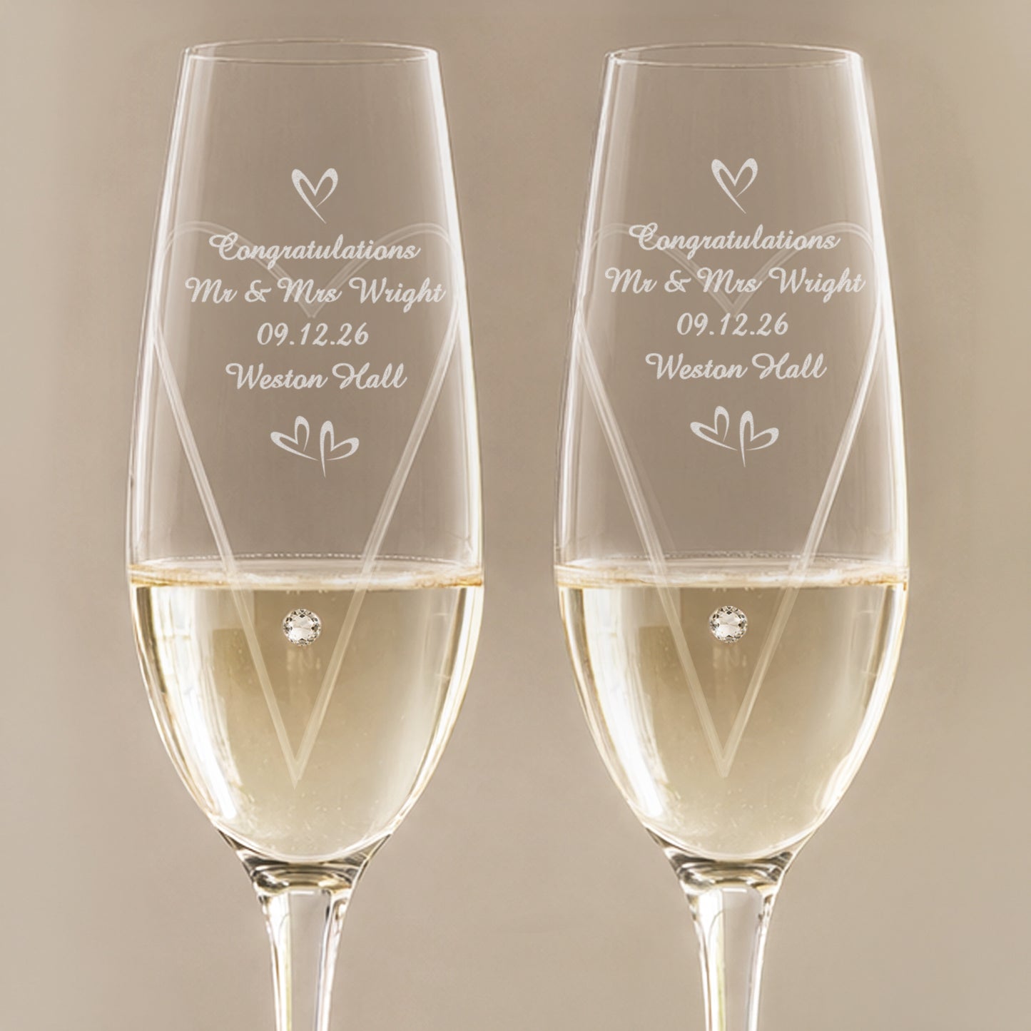 Personalised Hand Cut Little Hearts Pair of Flutes with Gift Box