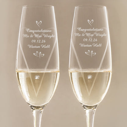 Personalised Hand Cut Little Hearts Pair of Flutes with Gift Box
