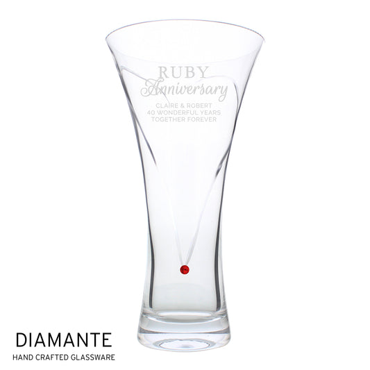 Personalised Ruby Anniversary Hand Cut Diamante Heart Vase