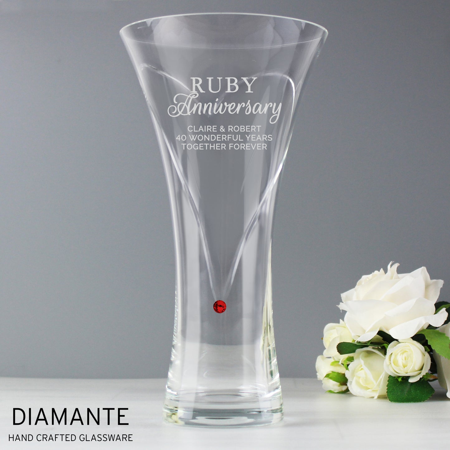 Personalised Ruby Anniversary Hand Cut Diamante Heart Vase