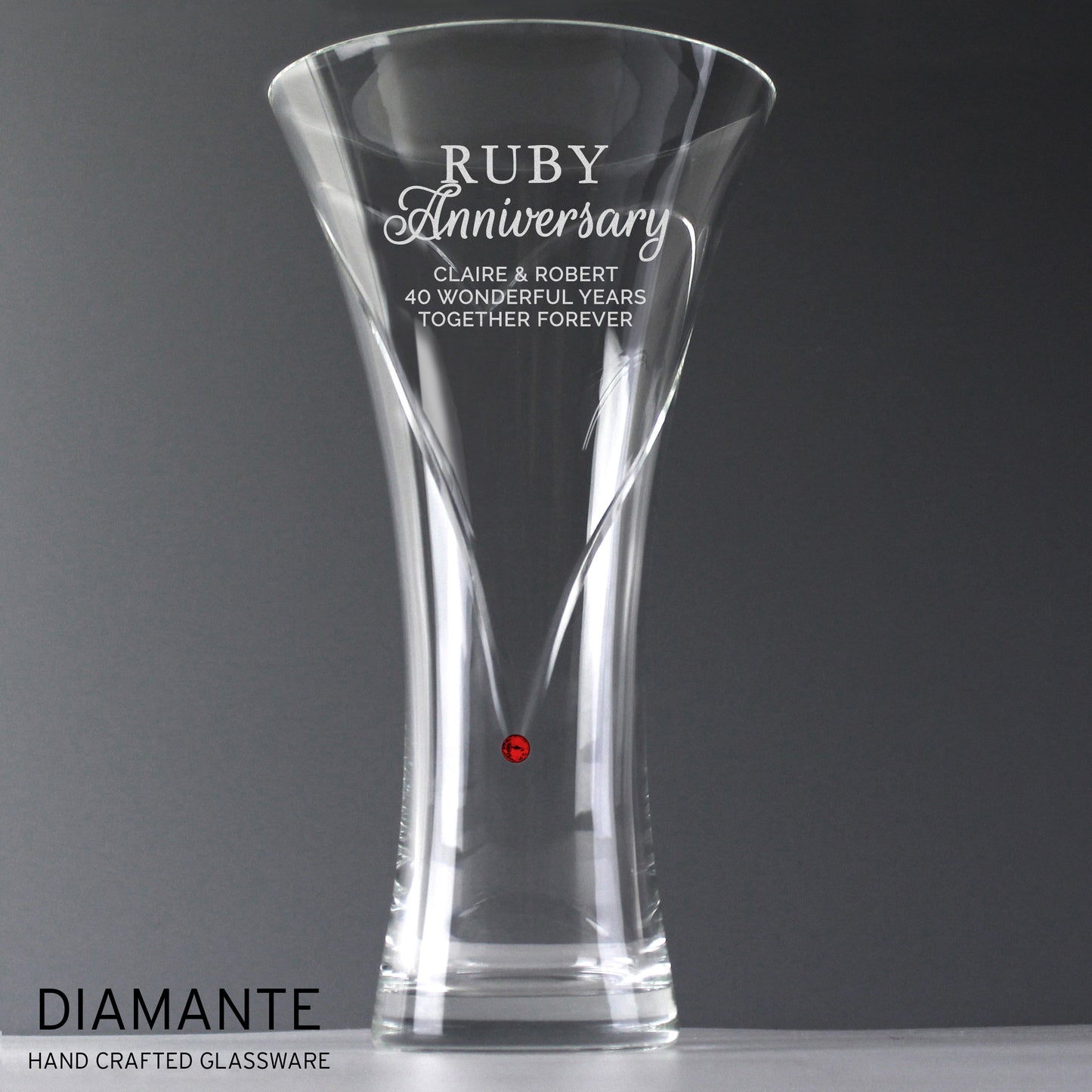 Personalised Ruby Anniversary Hand Cut Diamante Heart Vase