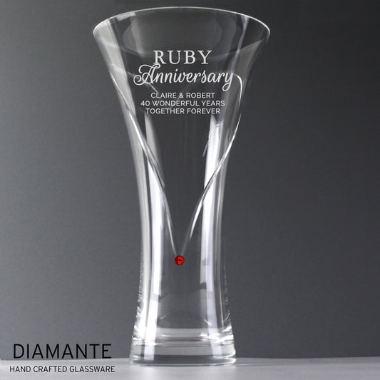 Personalised Ruby Anniversary Hand Cut Diamante Heart Vase