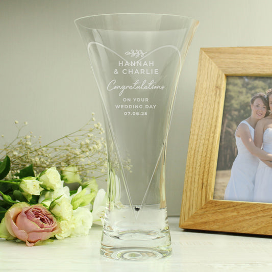 Personalised Free Text Botanical Hand Cut Diamond Effect Heart Vase