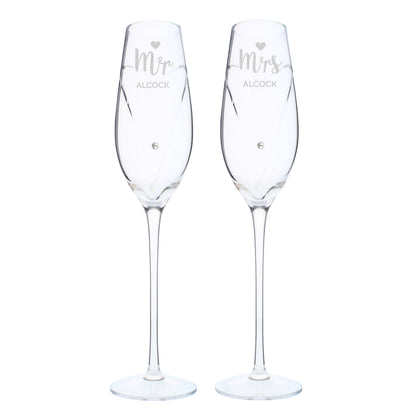 Personalised Hand Cut Mr & Mrs Pair of Flutes in Gift Box