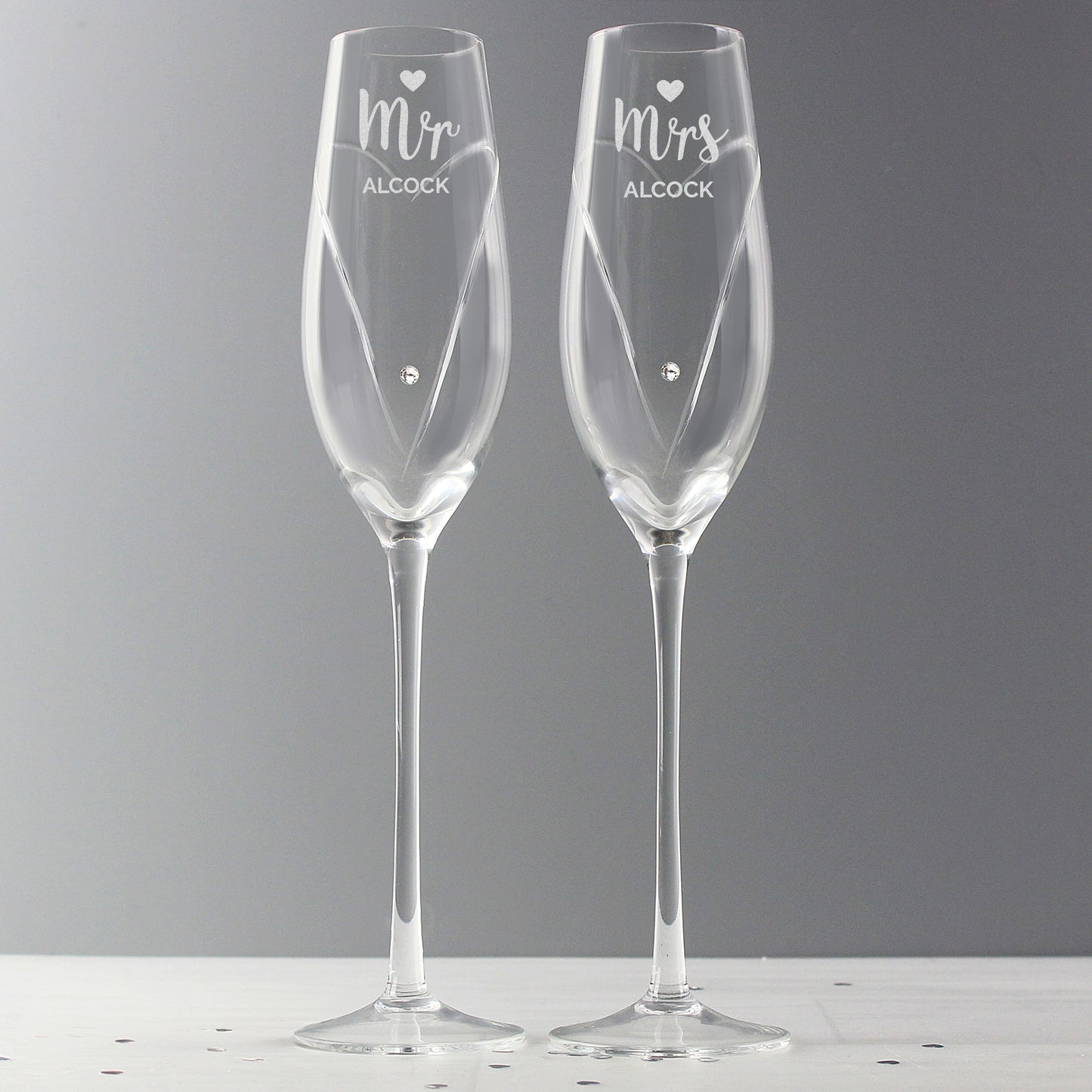 Personalised Hand Cut Mr & Mrs Pair of Flutes in Gift Box