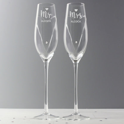 Personalised Hand Cut Mr & Mrs Pair of Flutes in Gift Box