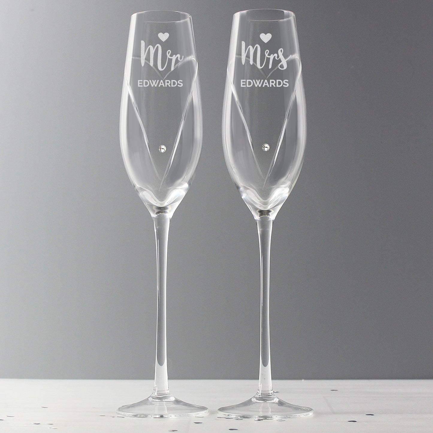 Personalised Hand Cut Mr & Mrs Pair of Flutes in Gift Box