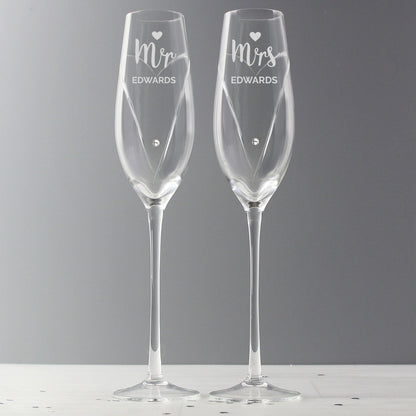 Personalised Hand Cut Mr & Mrs Pair of Flutes in Gift Box