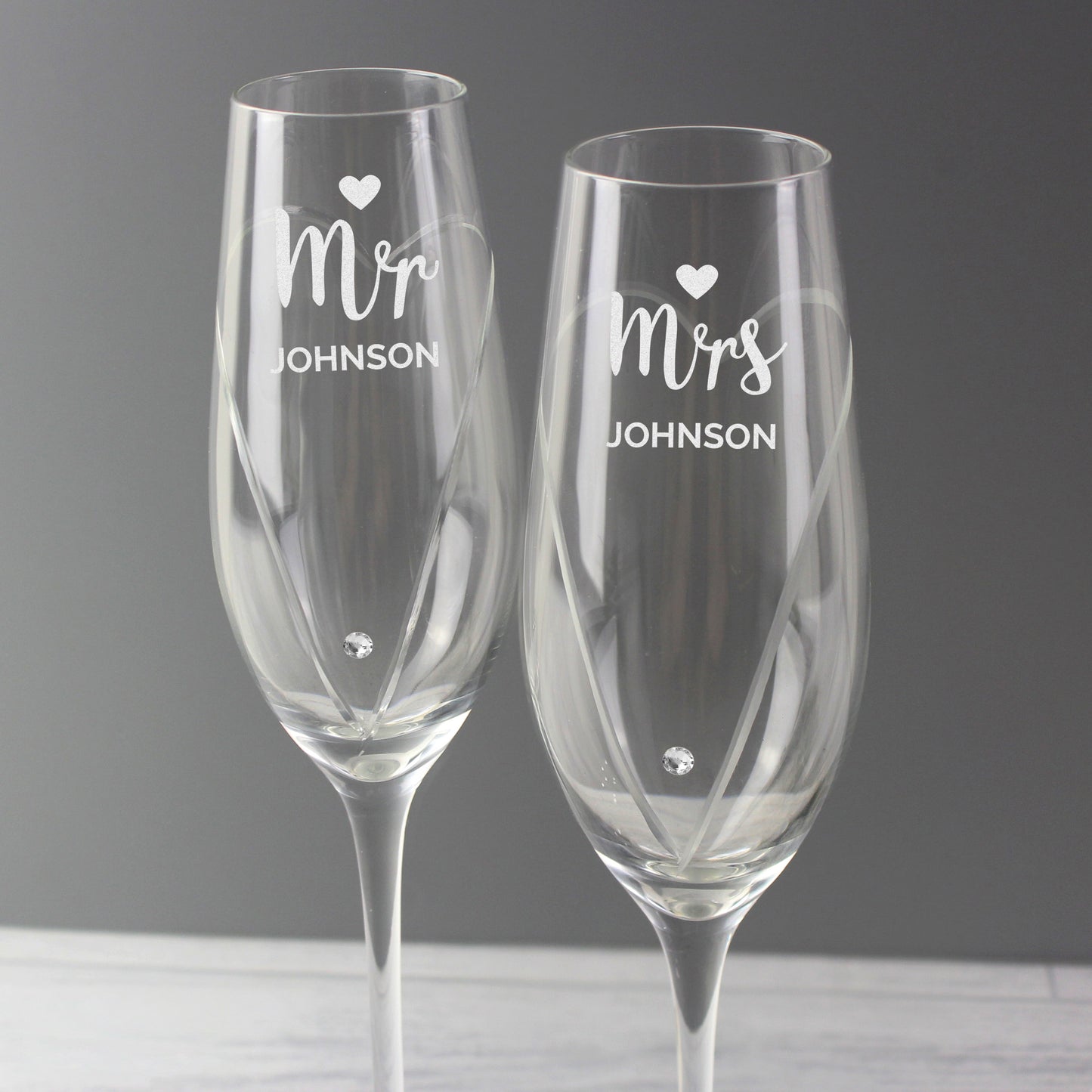 Personalised Hand Cut Mr & Mrs Pair of Flutes in Gift Box