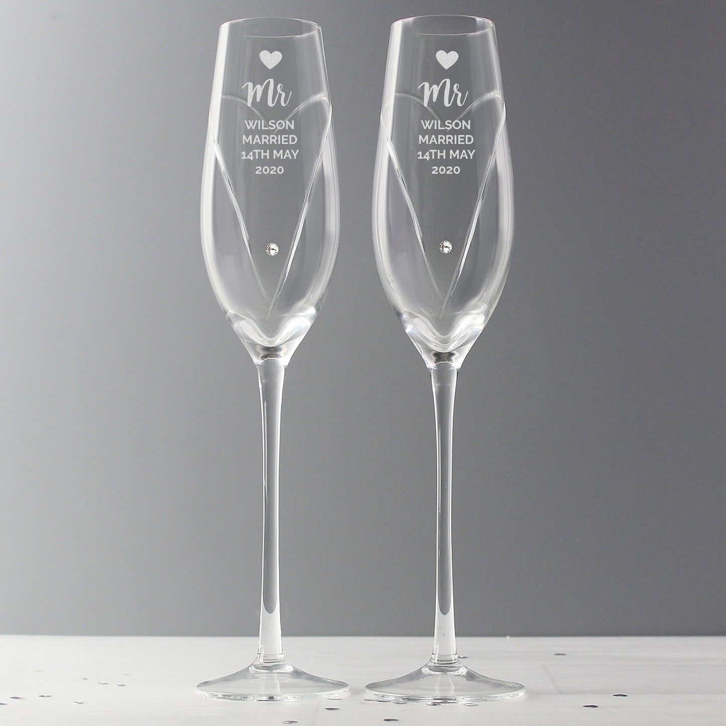 Personalised Hand Cut Heart Celebration Pair of Flutes with Gift Box