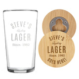 Personalised Free Text Bamboo Bottle Opener Coaster and Pint Glass
