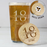 Personalised Big Age Bamboo Bottle Opener Coaster and Pint Glass Set