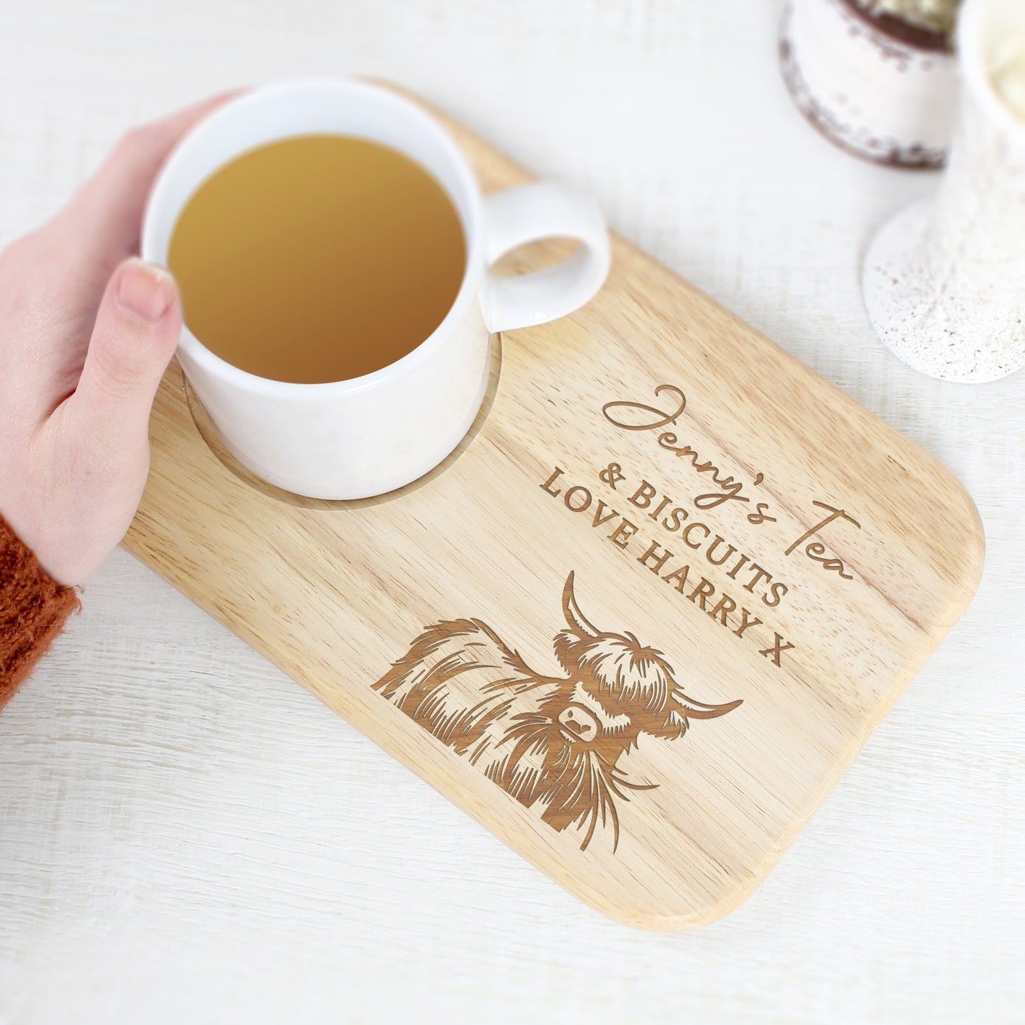 Personalised Highland Cow Wooden Coaster Tray