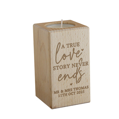 Personalised Love Story Wooden Tealight Holder