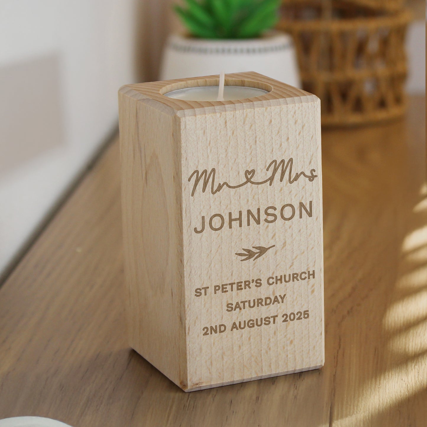Personalised Wedding Wooden Tealight Holder