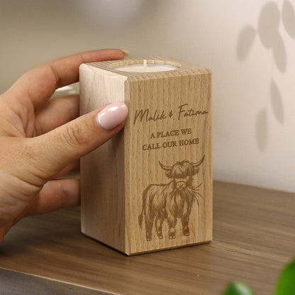 Personalised Highland Cow Wooden Tealight Holder