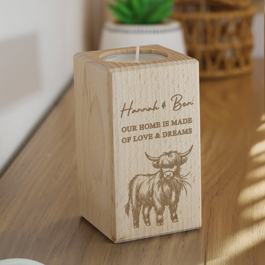 Personalised Highland Cow Wooden Tealight Holder
