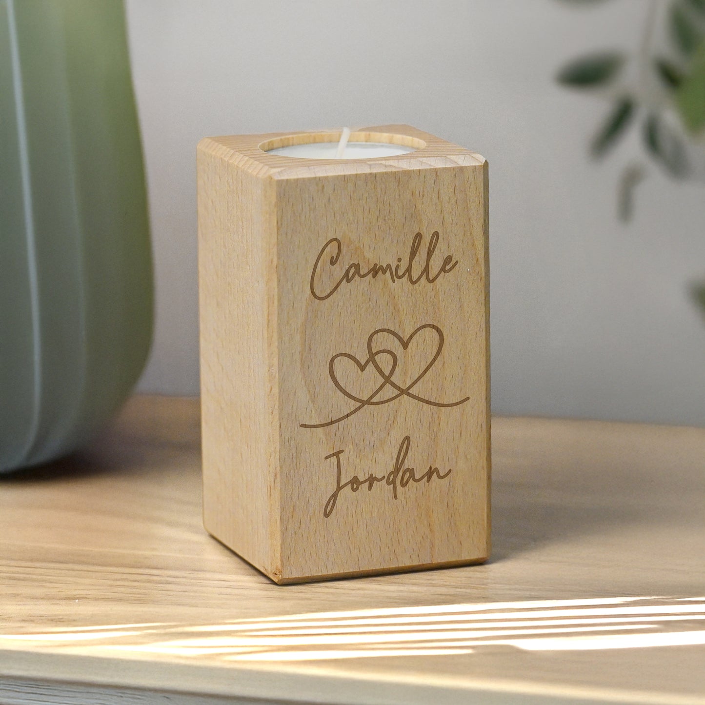 Personalised Engraved Hearts Wooden Tealight Holder