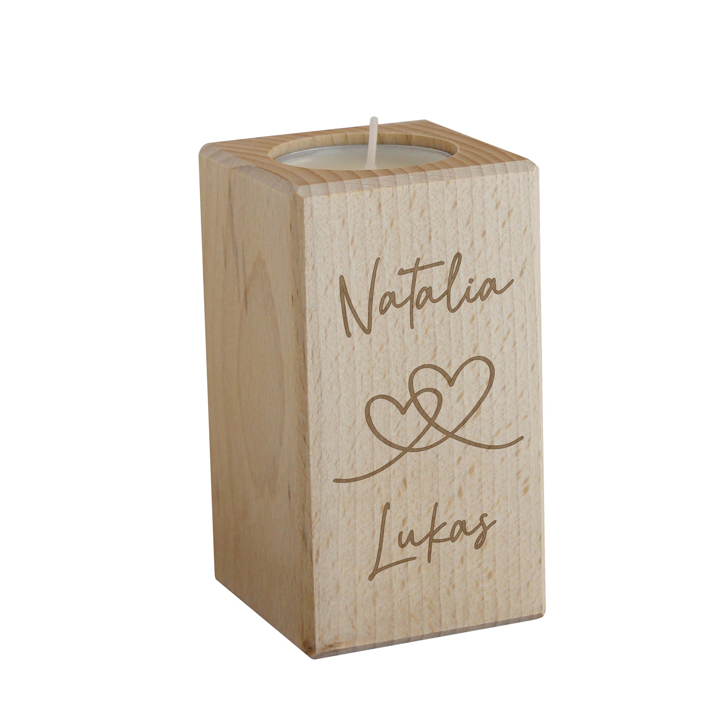 Personalised Engraved Hearts Wooden Tealight Holder