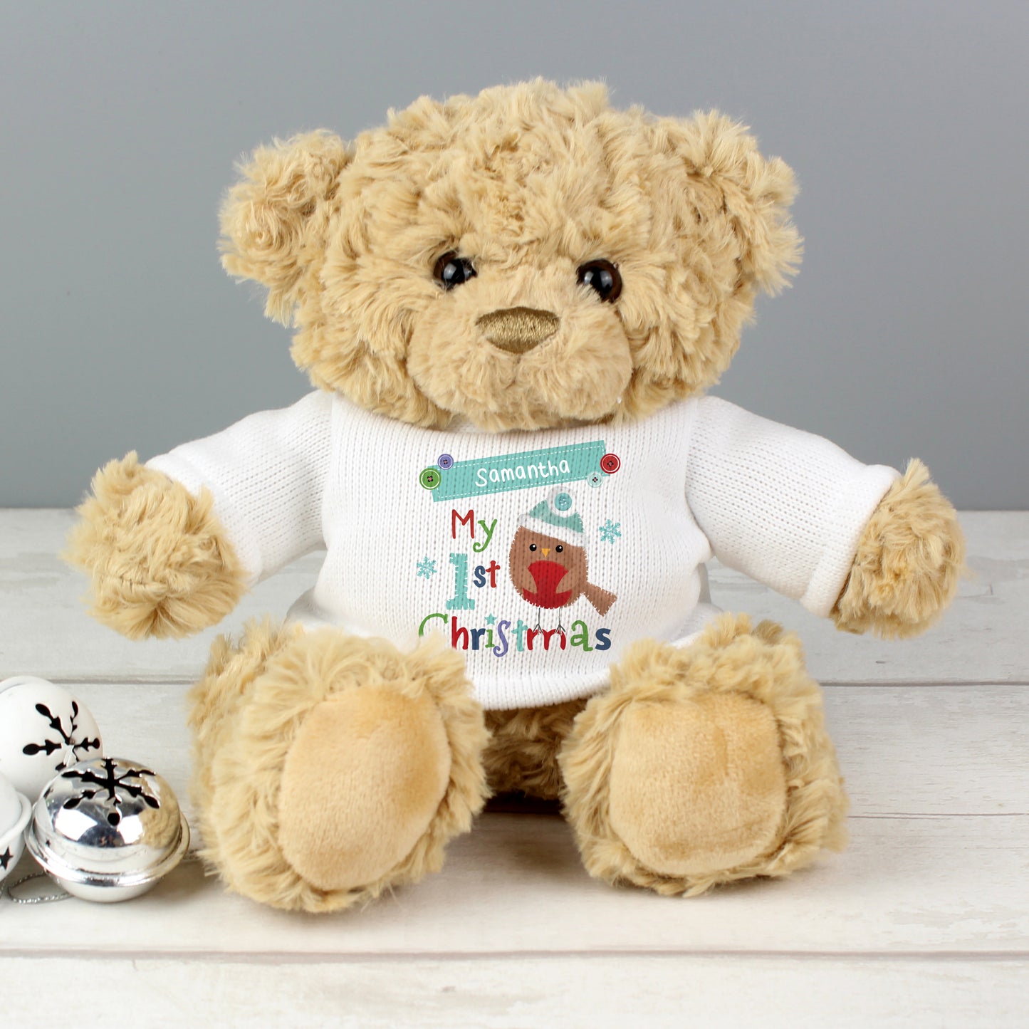 Personalised Felt Stitch Robin My 1st Christmas Teddy Bear