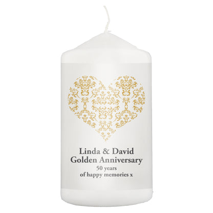 Personalised Gold Damask Heart Pillar Candle