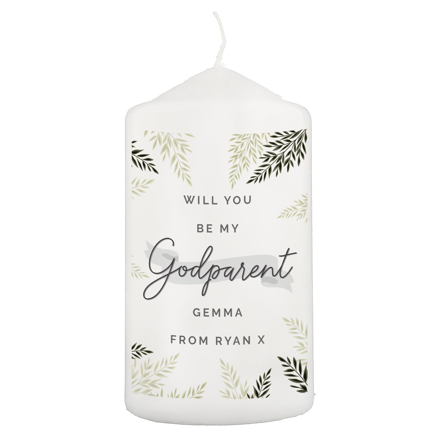 Personalised Godparent Leaves Pillar Candle