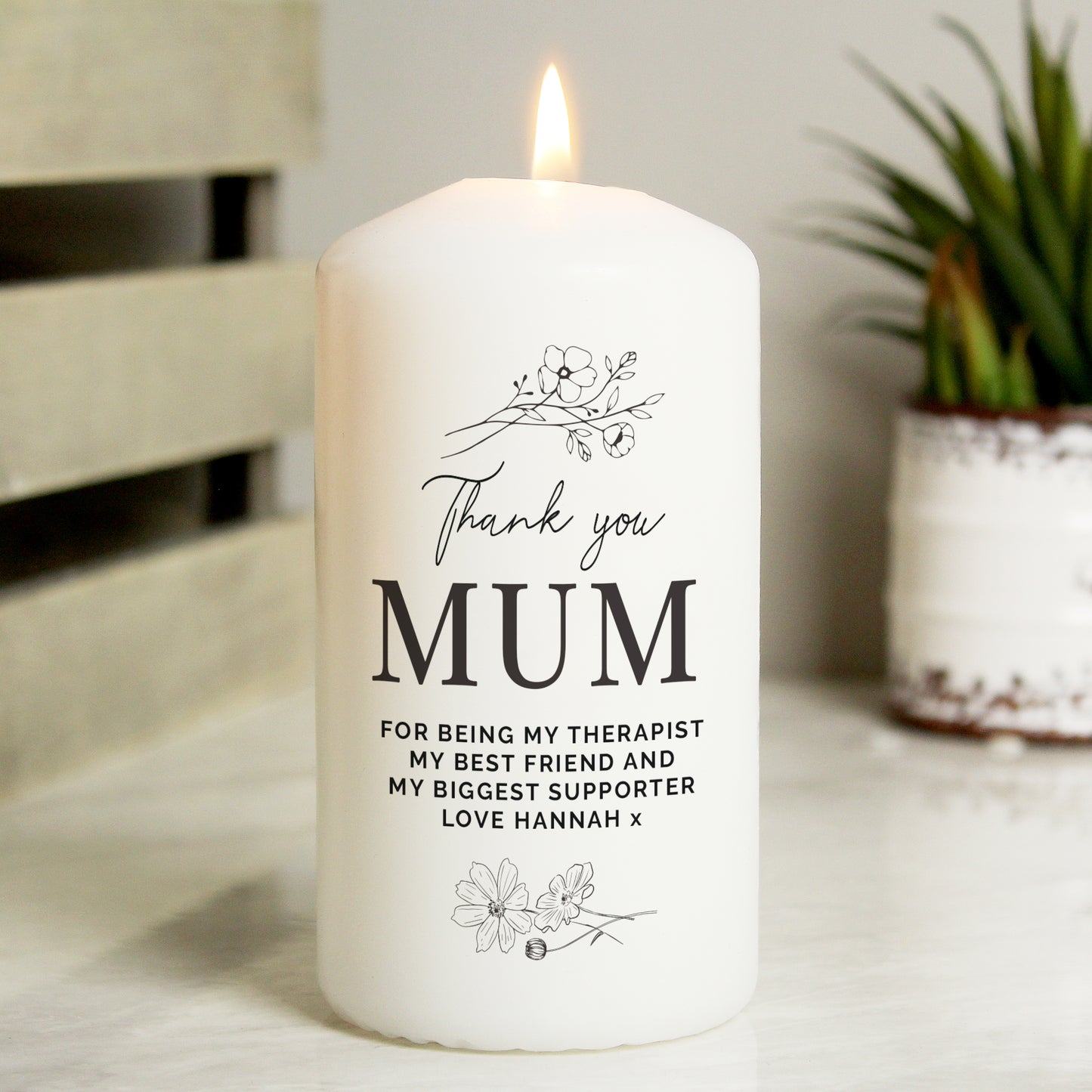 Personalised Fineline Floral Pillar Candle