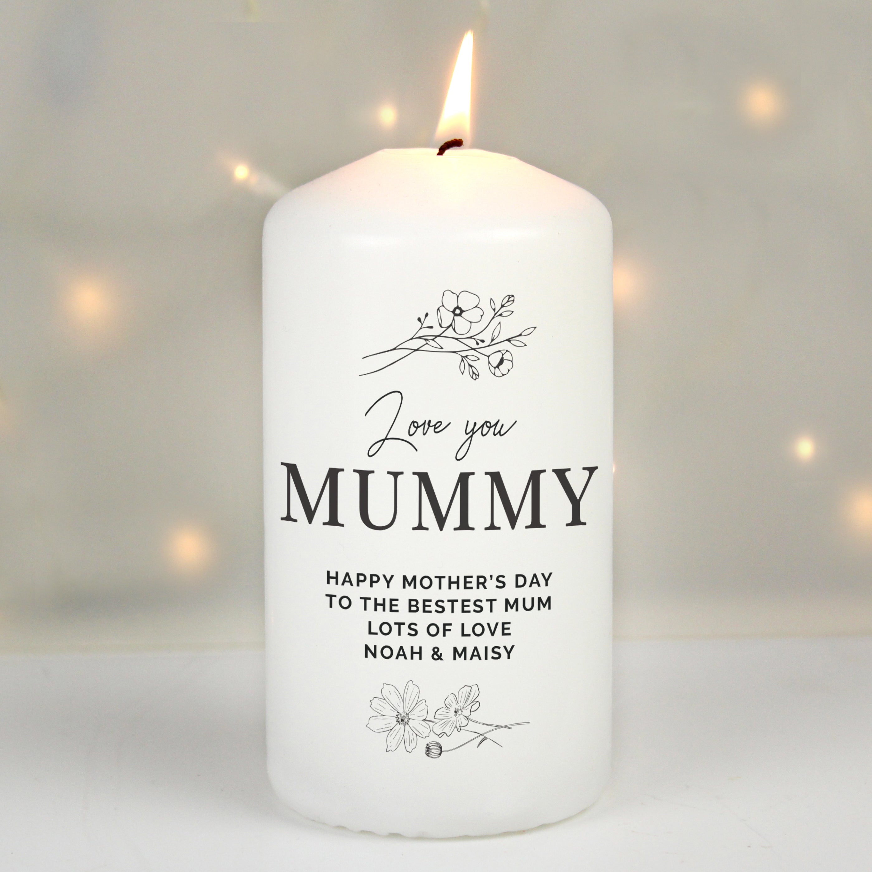 Personalised Fineline Floral Pillar Candle