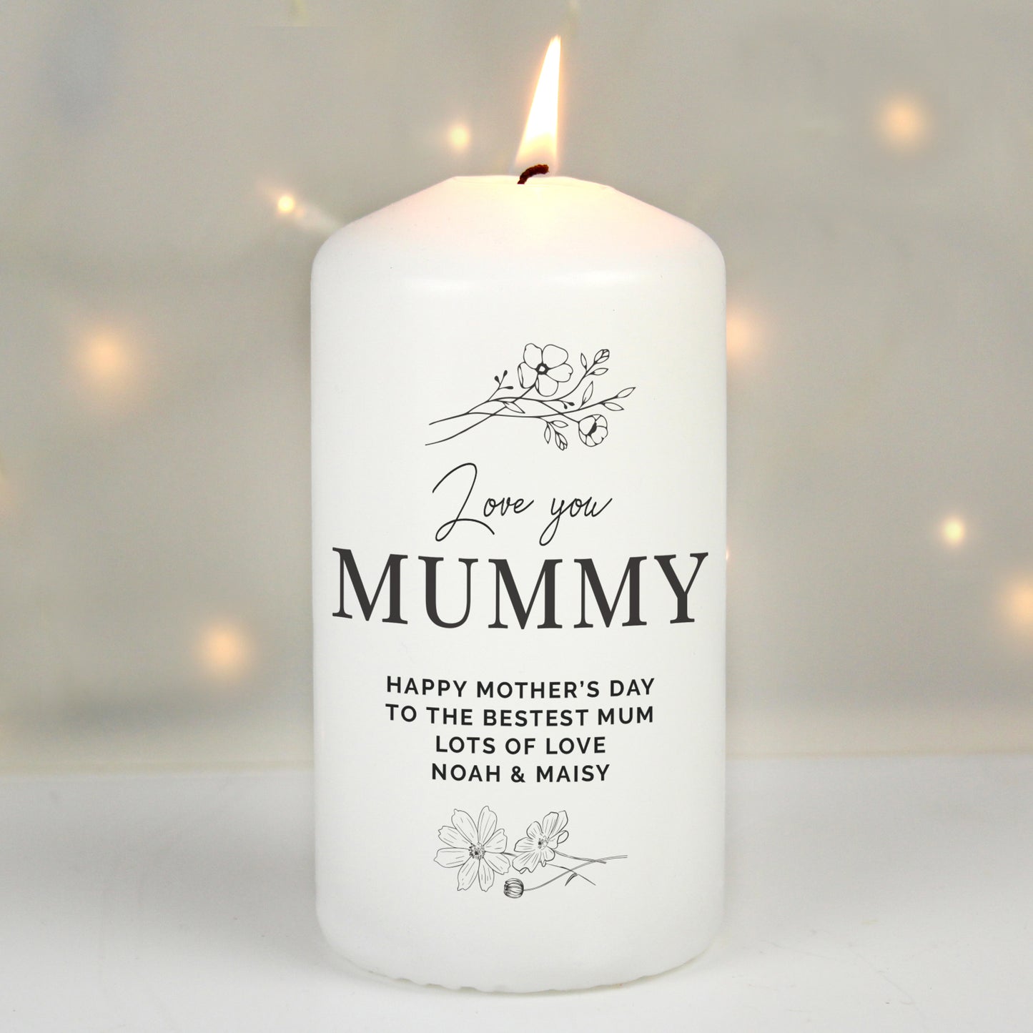 Personalised Fineline Floral Pillar Candle