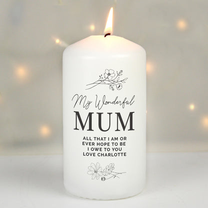 Personalised Fineline Floral Pillar Candle