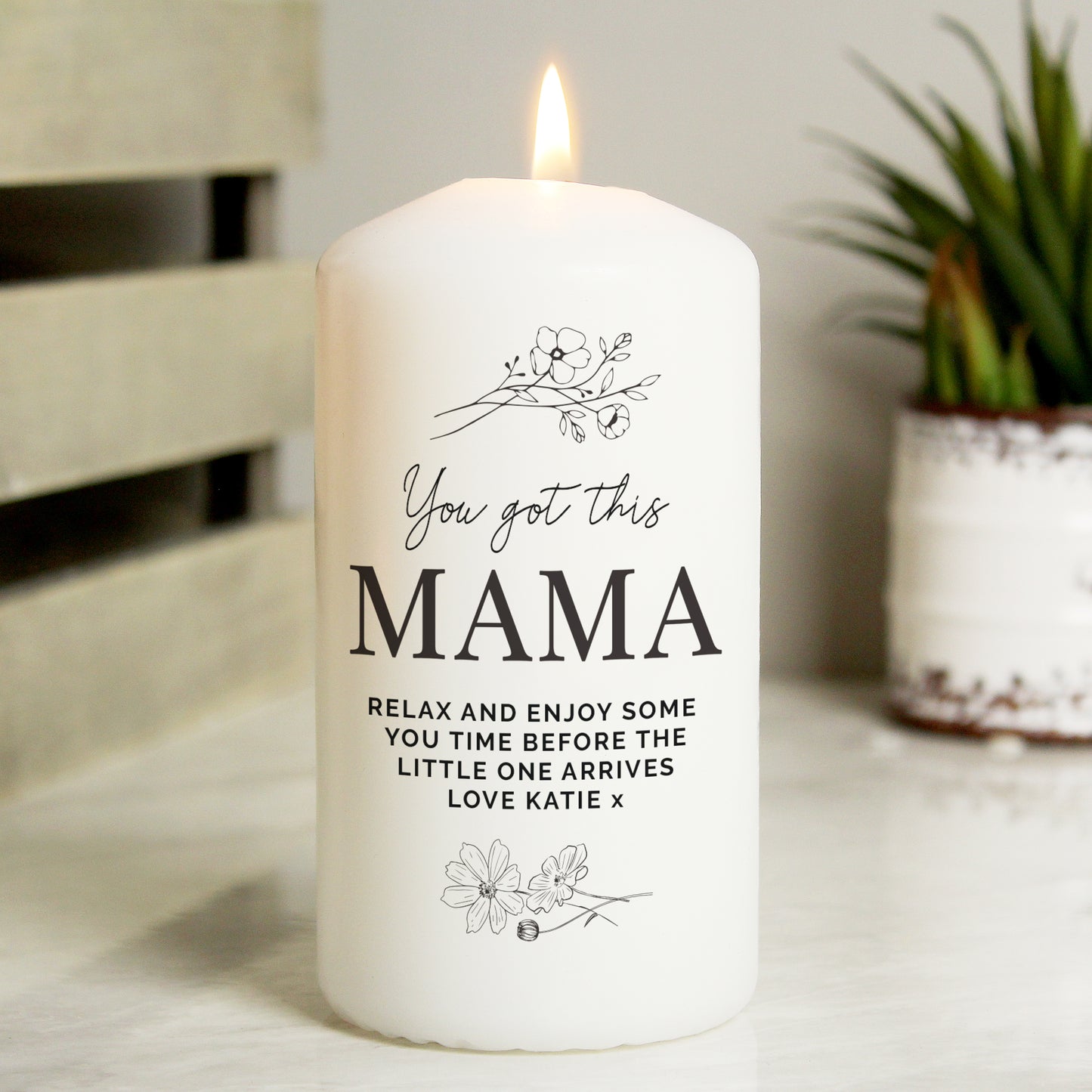 Personalised Fineline Floral Pillar Candle