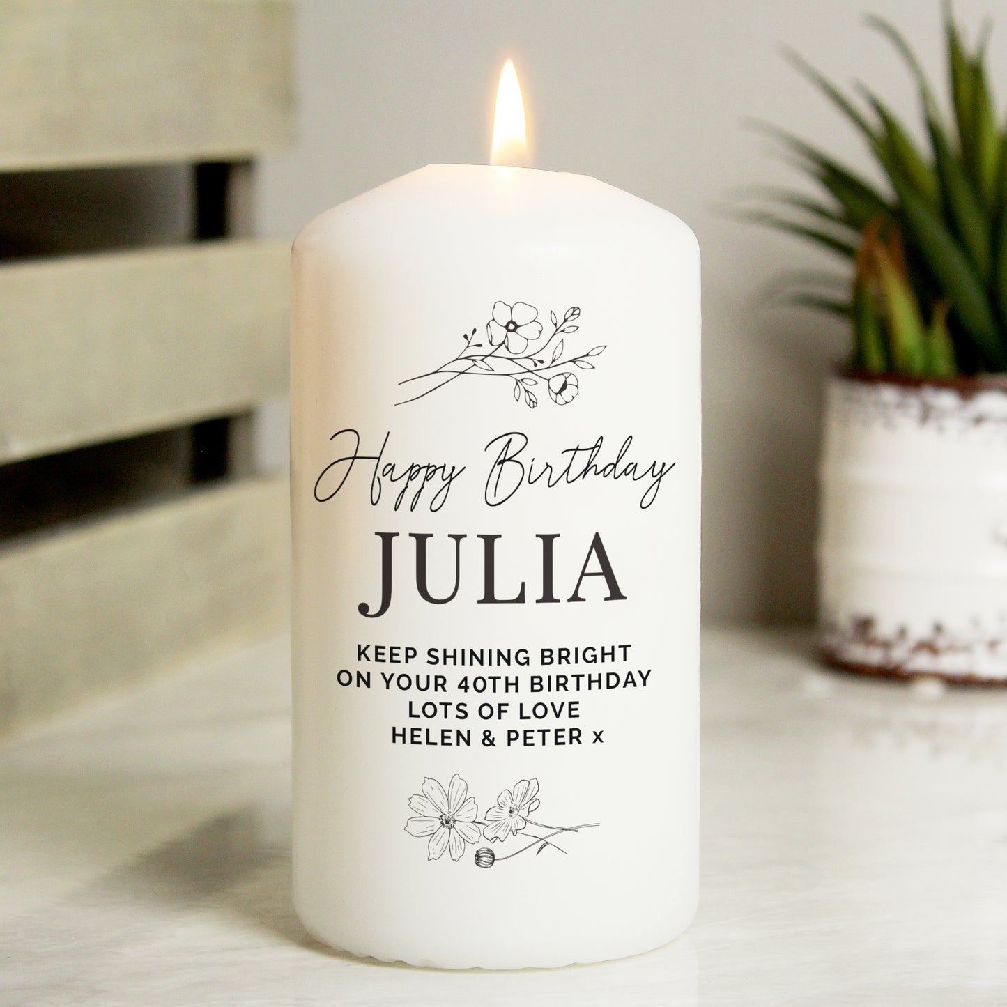 Personalised Fineline Floral Pillar Candle