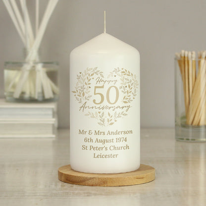 Personalised 50th Golden Wedding Anniversary Pillar Candle